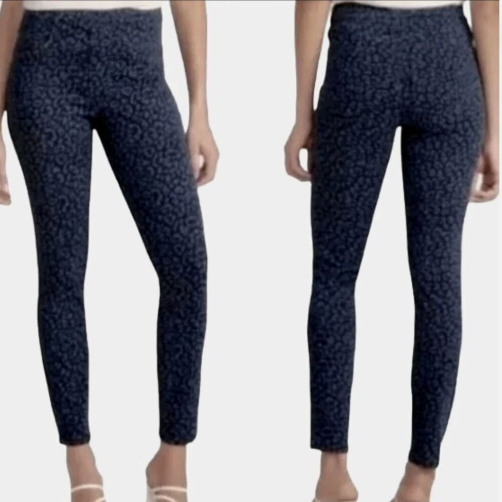 Spanx Leopard Print Jean Slimming Leggings S Navy Blue Shaping Skinny‎ Pull On